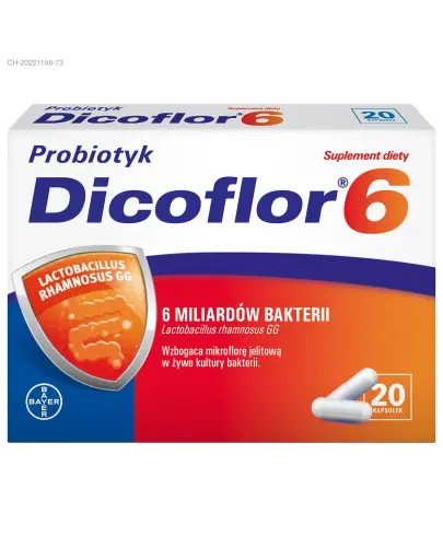 Dicoflor 6, 20 kapsułek - Suplement diety dla dzieci powyżej 3. lat i dorosłych z Lactobacillus rhamnosus GG.  Wzbogaca mikloflorę jelitową w żywe kultury bakterii.