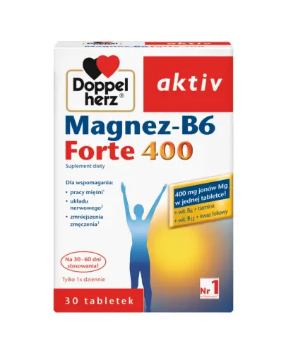 Doppelherz aktiv Magnez-B6 Forte 400, 30 tabletek - Suplement diety z magnezem i witaminą B6.