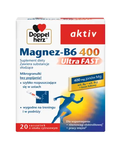 Doppelherz aktiv Magnez-B6 Ultra FAST, 20 saszetek - Suplement diety z magnezem i witaminą B6