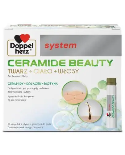 Doppelherz System Ceramide Beauty, 30 ampułek x 25 ml - Zawierające 1 g hydrolizatu kolagenu i 15 mg ceramidów w jednej ampułce