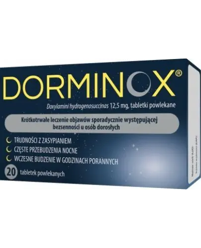 Dorminox 12,5 mg, 20 tabletek powlekanych - Z doksylaminą o działaniu nasennym i uspokajającym