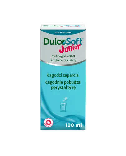 DulcoSoft Junior, roztwór doustny, 100ml  - Delikatny środek przeczyszczający z makrogolem dla dzieci, rozmiękcza stwardniałe masy kałowe.