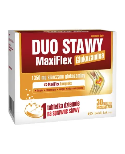 Duo Stawy MaxiFlex, 30 tabletek musujących - Suplement diety z siarczanem glukozaminy, chondroityny i kolagenem w tabletkach musujących o smaku pomarańczowym