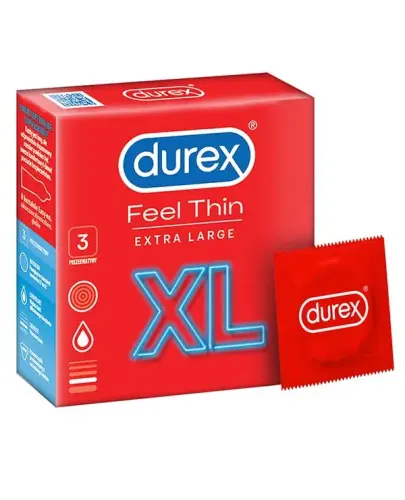 Durex Feel Thin XL, prezerwatywy,  3 sztuki - Extra cienkie z naturalnego lateksu o przyjemniejszym zapachu. Kształt Easy-on, zakończone zbiorniczkiem