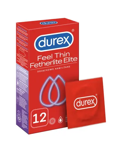 Durex Feel Thin Fetherlite Elite, prezerwatywy cienkie, 12 sztuk - Przezroczyste, gładkie  z naturalnego lateksu. Kształt Easy-on, zakończone zbiorniczkiem