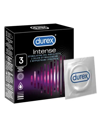 Durex Intense, prezerwatywy z żelem stymulującym, 3 sztuki - Powierzchnia pokryta prążkami i wypustkami