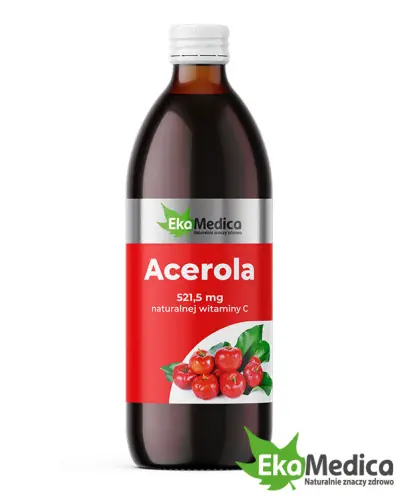 EkaMedica Acerola, sok, 500 ml - Suplement diety w formie płynnej z naturalną witaminą C z owoców aceroli. Zawiera tylko naturalnie występujące cukry