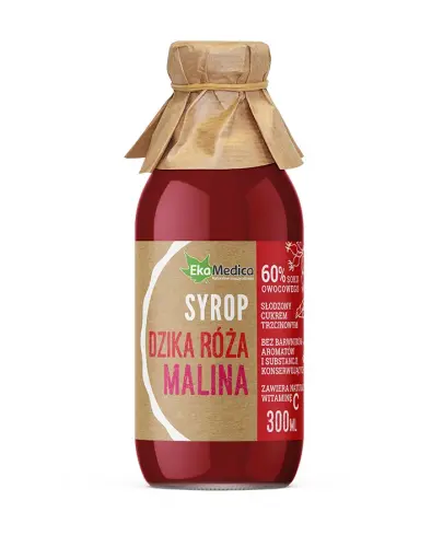 EkaMedica Dzika Róża Malina, syrop 300 ml - Z dodatkiem naturalnej witaminy C pochodzącej z owoców aceroli