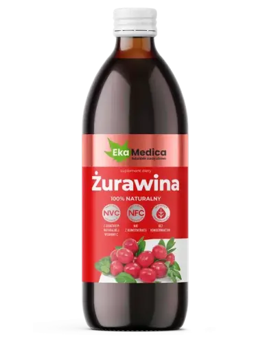 EkaMedica Żurawina NFC, sok 500 ml - Suplement diety z soku 100% z owoców żurawiny wielkoowocowej z naturalną witaminą C z owoców camu camu