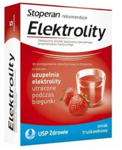 Elektrolity Stoperan smak truskawkowy, 7 saszetek - Proszek do rozpuszczania w wodzie, dla dzieci od 3. roku życia i dorosłych z biegunką