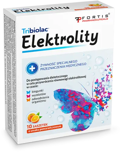 Elektrolity Tribiolac saszetki, 10 sztuk - Preparat do sporządzania płynu nawadniającego o smaku pomarańczowym