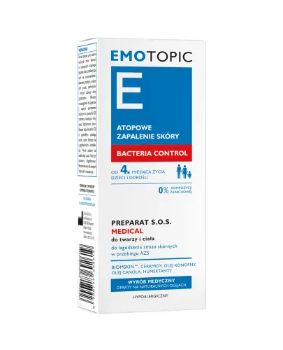 Emotopic Medical Bacteria Control, preparat S.O.S, 30 ml - Łagodzi zmiany w przebiegu atopowego zapalenia skóry, zapobiega pojawianiu się zaostrzeń