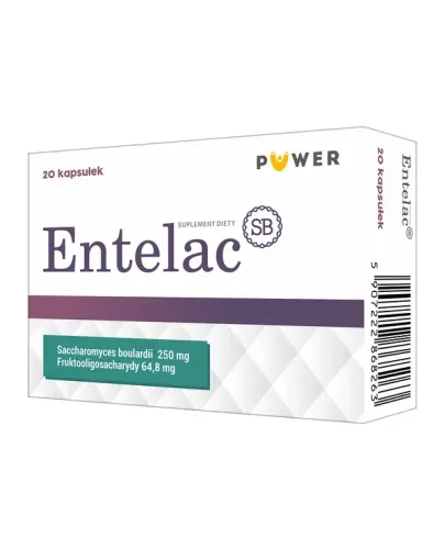 Entelac SB, 20 kapsułek - Połączenie probiotycznego szczepu drożdży i prebiotyku, który wspomaga rozwój prawidłowej flory bakteryjnej