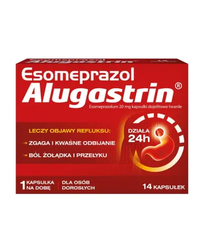 Esomeprazol Alugastrin, 20 mg, 14 kapsułek dojelitowych - Zmniejszaniu ilość kwasu wytwarzanego w żołądku, do krótkotrwałego leczenia objawów refluksu