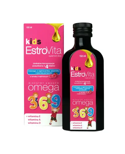 EstroVita Kids malina, 150 ml - Kompozycja zdrowych kwasów tłuszczowych, witamin i olejku z rozmarynu