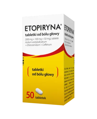 Etopiryna 300 mg + 100 mg + 50 mg, 50 tabletek - Tabletki przeciwbólowe z kwasem acetylosalicylowym i kofeiną