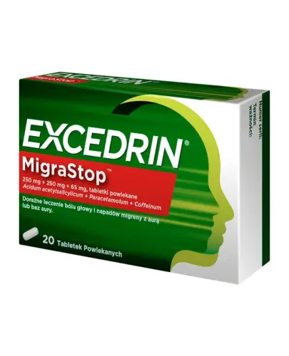 Excedrin MigraStop, 20 tabletek powlekanych - 250 mg + 250 mg + 65 mg Acidum acetylsalicylicum + Paracetamolum + Coffeinum