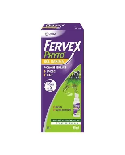 Fervex Phyto Ból Gardła, spray do gardła, 30 ml - Spray do gardła z wyciągiem z liści bluszczu i owoców czarnej porzeczki oraz olejkami eterycznymi