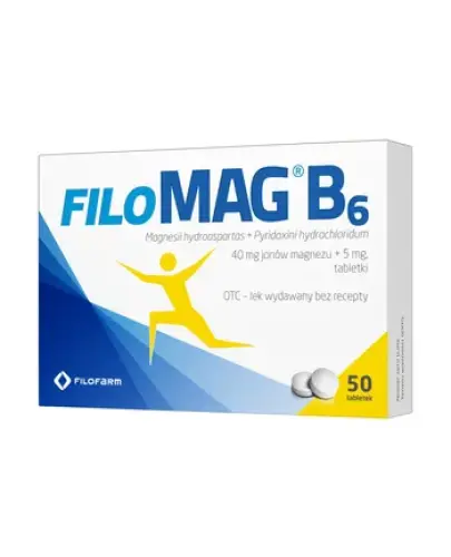 Filomag B6, 50 tabletek - 40 mg jonów magnezu + 5 mg Magnesii hydroaspartas + Pyridoxini hydrochloridum