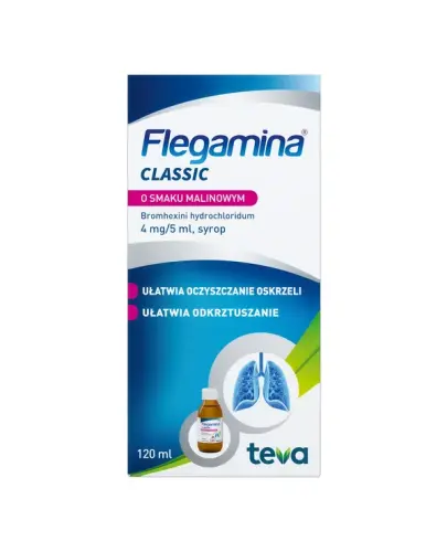 Flegamina Classic o smaku malinowym, 4mg/5ml,120ml - Bromhexini hydrochloridum 4 mg/5 ml, syrop