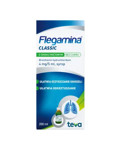 Flegamina Classic o smaku miętowym bez cukru 4 mg/5 ml, 200 ml - Ułatwia odkrztuszanie, oczyszcza oskrzela