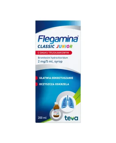 Flegamina Classic Junior o smaku truskawkowym 2 mg/5 ml, 200 ml - Bromhexini hydrochloridum 2 mg/5 ml, syrop