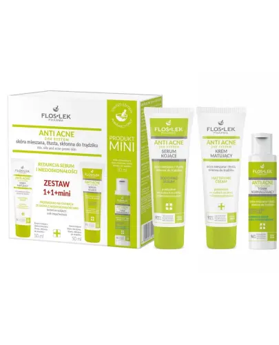 Floslek Anti Acne 24h System, krem matujący, 50 ml + serum kojące, 50 ml + tonik 50 ml - Kosmetyki do skóry mieszanej, tłustej i skłonnej do trądziku