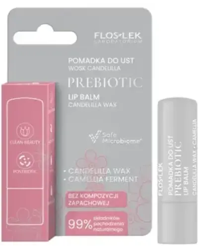 Flos lek Prebiotic Lip Care pomadka do ust wosk candelilla, 4 g - Łagodzi i regeneruje podrażnioną i spierzchniętą skórę ust