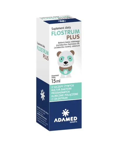 Flostrum Plus krople 15 ml -  Suplement diety z żywymi kulturami bakterii, Lactobacillus rhmanosus GG i Lactobacillus reuteri, wzbogacony o Colostrum