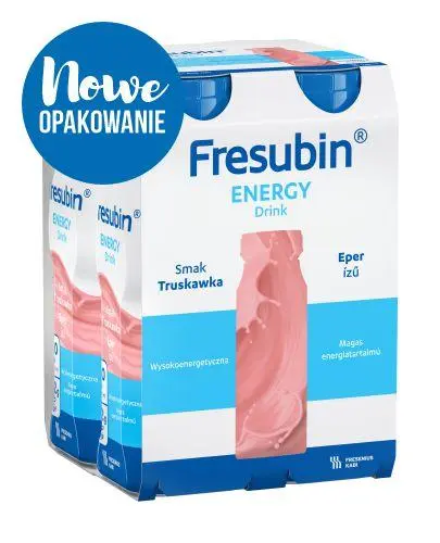 Fresubin Energy Drink o smaku truskawkowym, 4 x 200 ml - Kompletna dieta wysokoenergetyczna (1,5 kcal/ml), bogata w białko