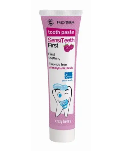 Frezyderm Sensiteeth First Pasta do zębów dla dzieci 6 m+ bez fluoru, 40 ml - Smak czarnej jagody, bezpieczna do codziennego stosowania