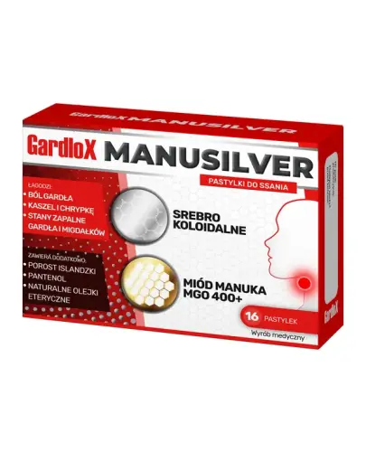 Gardlox Manusilver, 16 pastylek do ssania  - Ze srebrem nanokoloidalnym i miodem Manuka, łagodzą ból i podrażnienie gardła