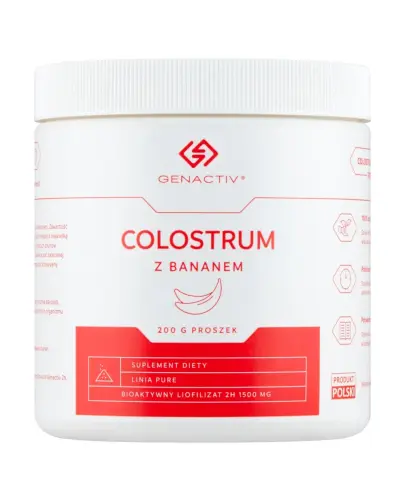 Genactiv Colostrum z bananem, 200 g - Skoncentrowane Colostrum i naturalny bananowy smak dla codziennego wsparcia energii.