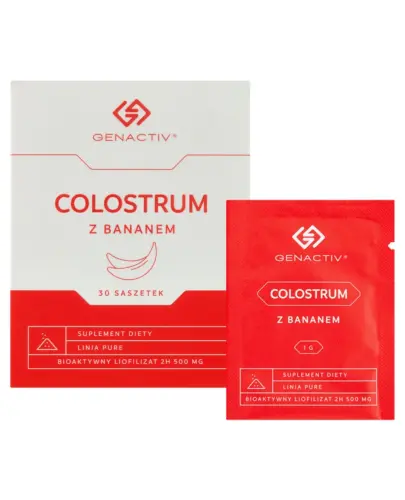 Genactiv Colostrum z bananem, 30 saszetek - Colostrum o przyjemnym bananowym smaku. Odpowiednie dla całej rodziny.