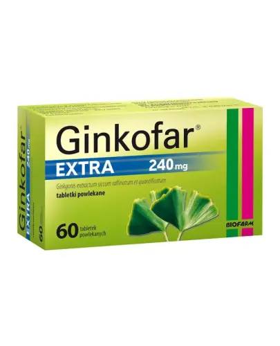 Ginkofar Extra 240 mg, 60 tabletek powlekanych - Lek z wyciągiem z liści miłorzębu poprawiający przepływ krwi w mózgu