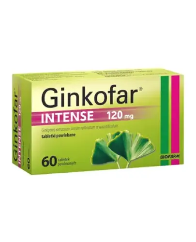 Ginkofar Intense 120 mg, 60 tabletek powlekanych - Lek z usprawniającym krążenie mózgowe, z wyciągiem z liści miłorzębu japońskiego