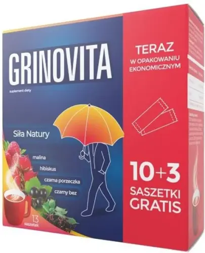 Grinovita, 13 saszetek (10 saszetek + 3 gratis) - Suplement diety z wyciągiem z owoców czarnego bzu oraz z naturalnym koncentratem soków z czarnej porzeczki i maliny z dodatkiem cynku