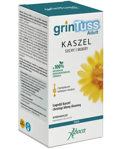 Aboca GrinTuss Adult, syrop, 128g - Naturalny syrop z babką lancetowatą, miodem i kocanką na suchy, mokry, ostry i przewlekły kaszel.