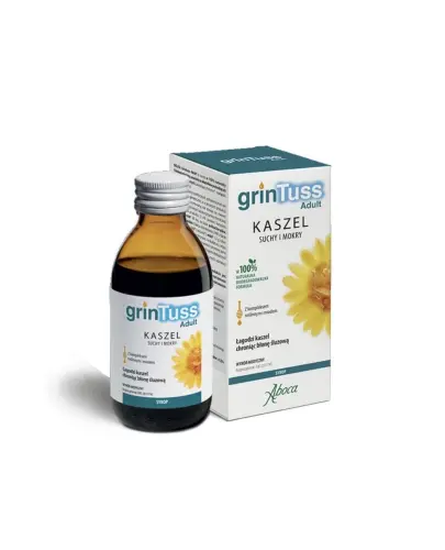 Grintuss Adult syrop, 180 g - Naturalny syrop z babką lancetowatą, miodem i kocanką na suchy, mokry, ostry i przewlekły kaszel