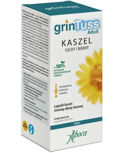 Aboca GrinTuss Adult, syrop, 210g - Naturalny syrop z babką lancetowatą, miodem i kocanką na suchy, mokry, ostry i przewlekły kaszel