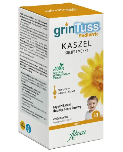 Aboca GrinTuss Pediatric, syrop, 128g - Naturalny syrop z babką lancetowatą, miodem i kocanką na suchy, mokry kaszel