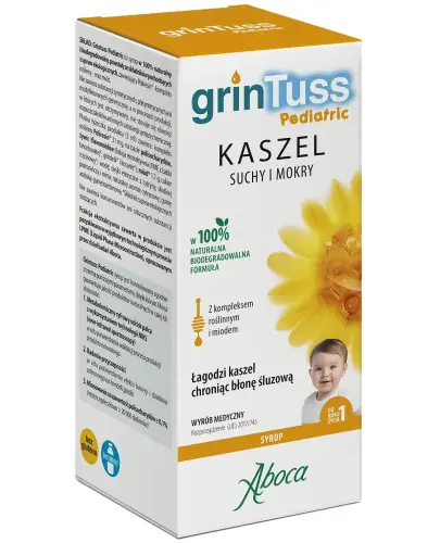 Aboca GrinTuss Pediatric, syrop, 210g - Naturalny syrop z babką lancetowatą, miodem i kocanką na suchy, mokry kaszel