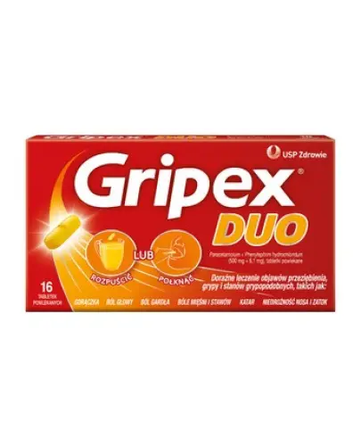 Gripex Duo, 16 tabletek - Lek na objawy przeziębienia z paracetamolem i fenylefryną