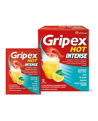 Gripex Hot Intense, 12 saszetek - Zawiera trzy substancje czynne: paracetamol, kofeinę i fenylefrynę