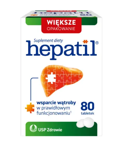 Hepatil, 80 tabletek - Suplement diety zawiera L-asparaginian L-ornityny oraz cholinę, które wspomagają pracę wątroby