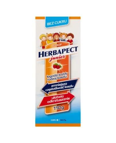 Herbapect Junior bez cukru syrop, 110g  - Syrop bez cukru o smaku malinowym z naturalnymi wyciągami na każdy rodzaj kaszlu