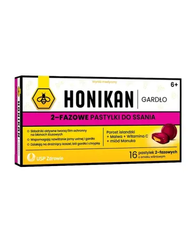 Honikan Gardło, pastylki dwufazowe do ssania 16 sztuk - Pastylki do ssania zawierają ekstrakt z porostu islandzkiego i malwy oraz płynne wypełnienie miodem Manuka, które wspomagają naturalne nawilżanie błony śluzowej jamy ustnej