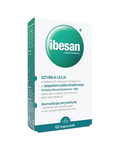 Ibesan, 60 kapsułek - Kapsułkii z glinką mineralną oraz simetikonem normalizują perystaltykę jelit i redukuje ból przy zespole jelita drażliwego