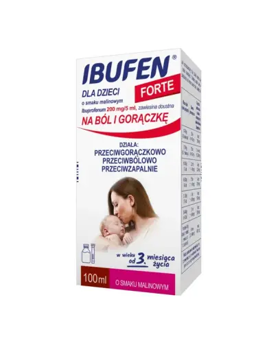 Ibufen Forte 200mg/5ml 100 ml, syrop malinowy smak. Bez cukru i sztucznych barwników.  - Wykazuje działanie przeciwbólowe, przeciwgorączkowe i przeciwzapalne