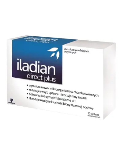 Iladian direct plus, 10 tabletek dopochwowych - Ograniczające rozwój mikroorganizmów chorobotwórczych oraz odtwarzające i utrzymujące fizjologiczne pH pochwy